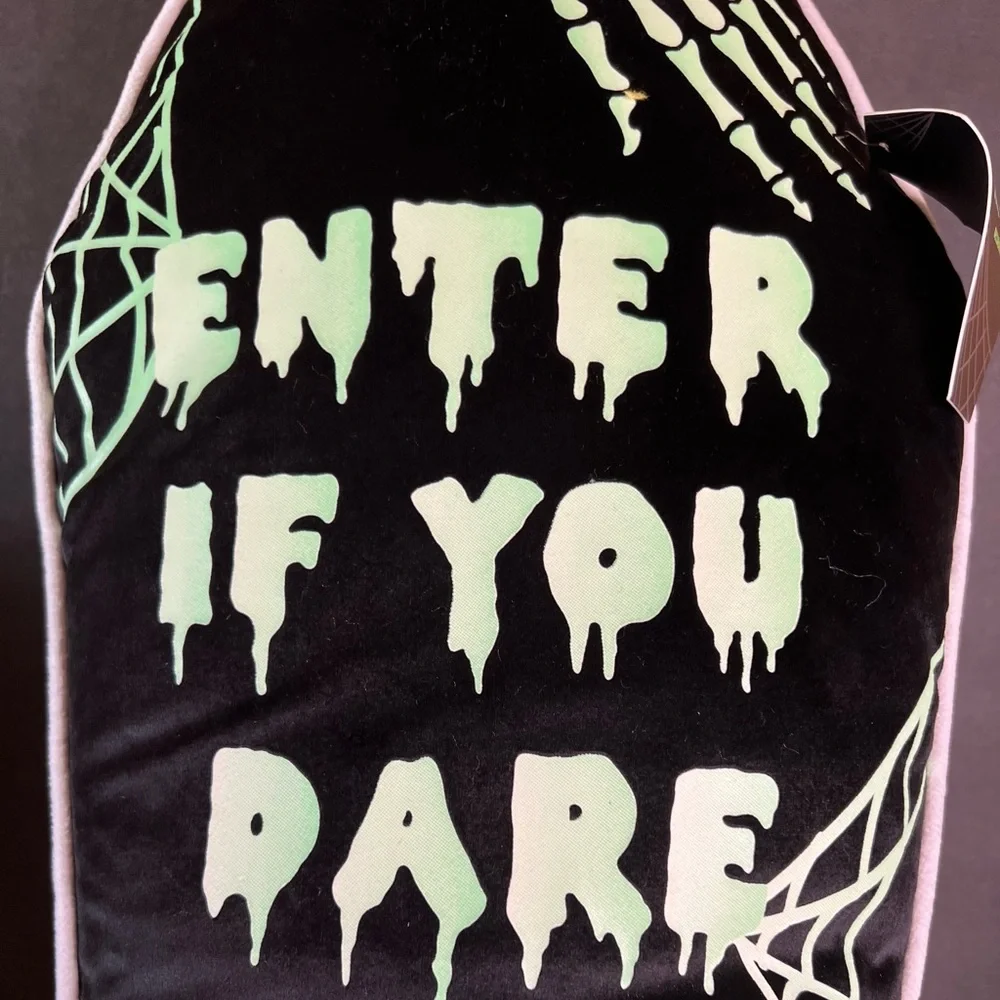 Halloween Glow in the Dark Coffin Throw Pillow Enter if you Dare Skeleton Hands